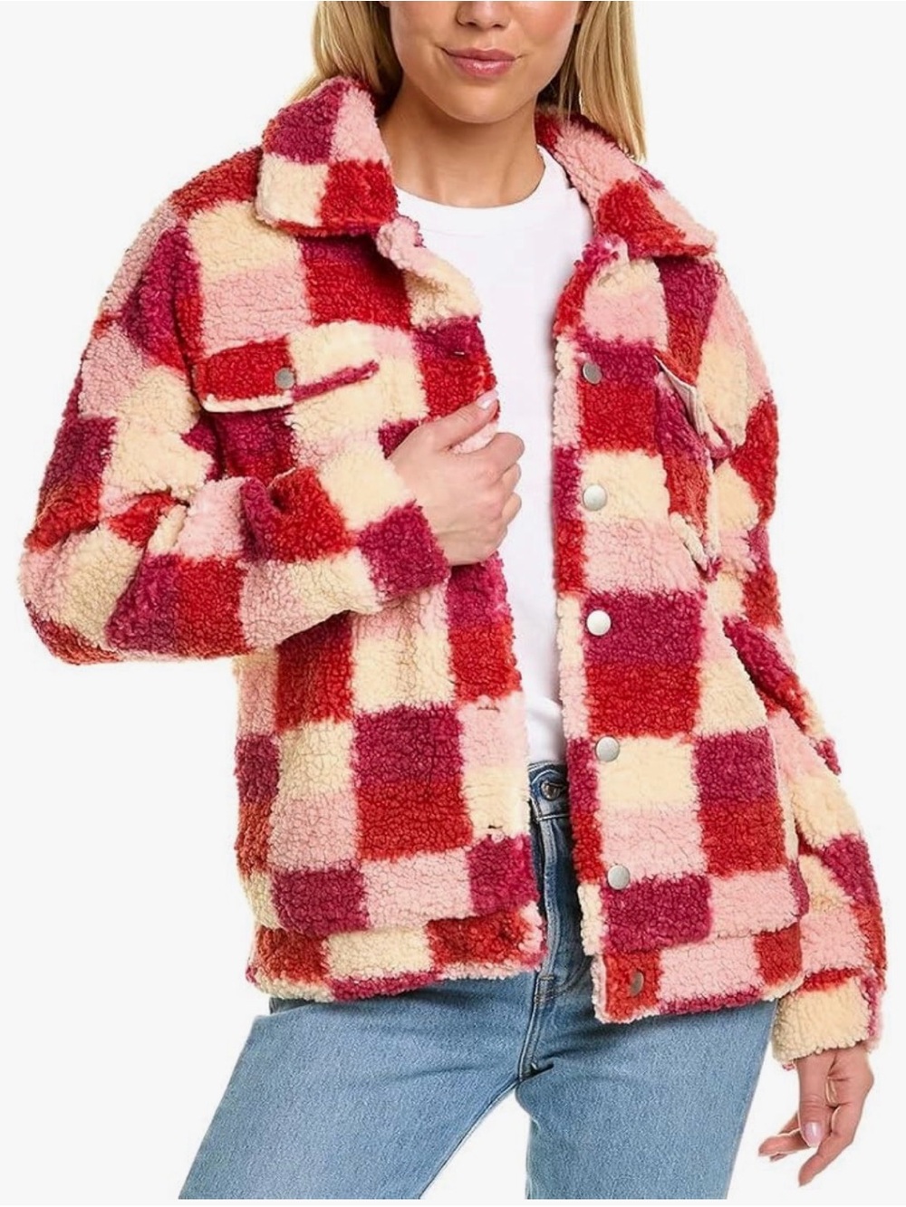 Beach Riot Checkered Sherpa Jacket - Red, Pink & Cream